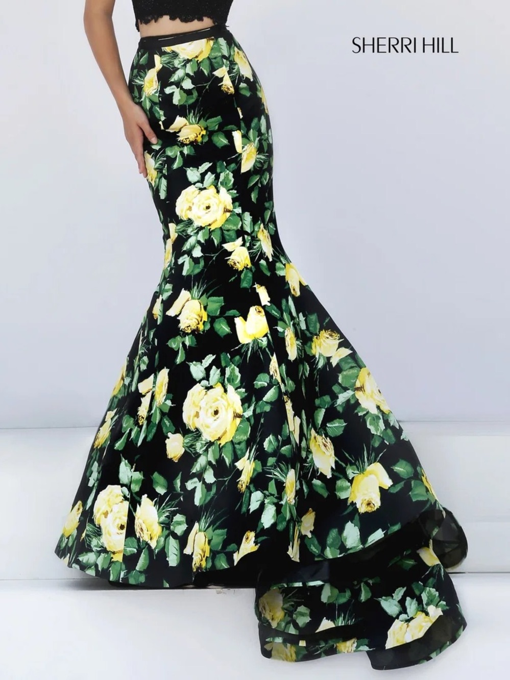 Sherri Hill 50026 Floral Mermaid Prom Skirt in Black Yellow Rose Print - Size 2